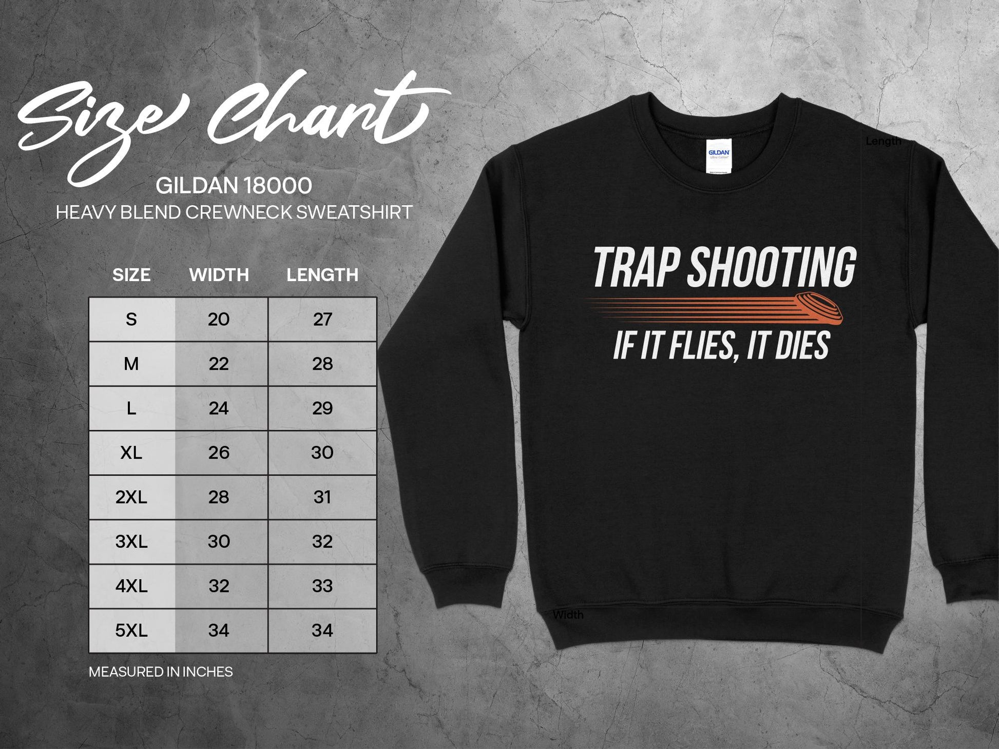 Trap Shooting Sweatshirt, If It Flies It Dies, sizing chart