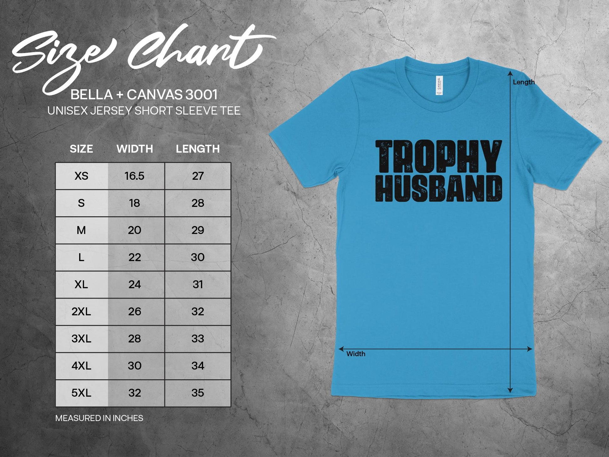 Trophy Husband Shirt, sizing chart