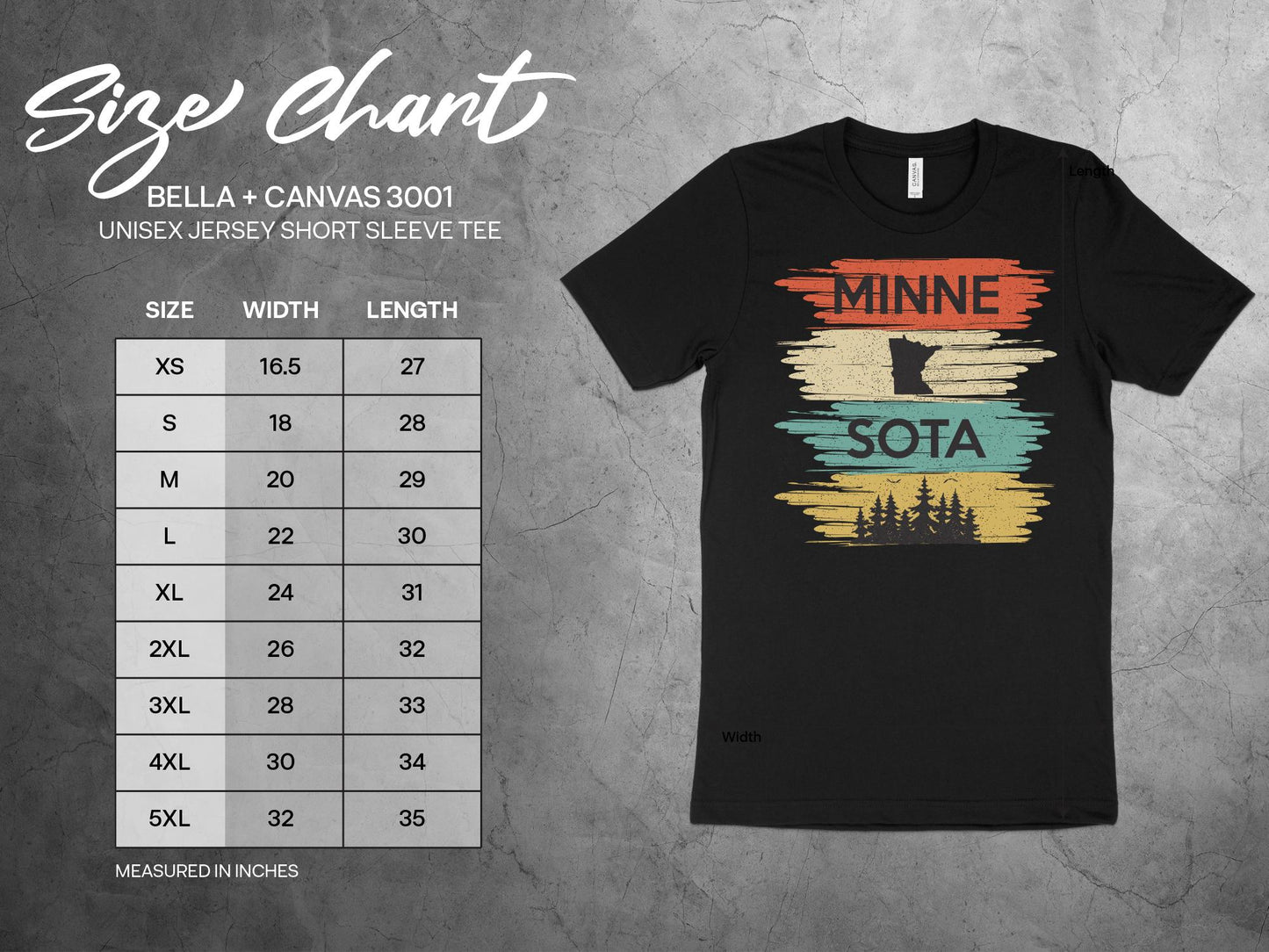 Minnesota T Shirt Retro Style Sunset, sizing chart