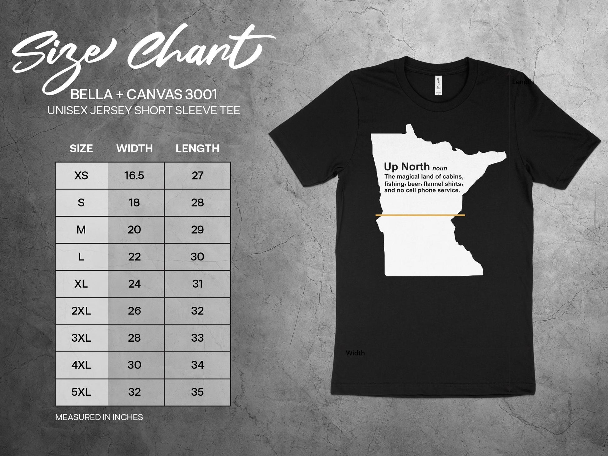 Minnesota T Shirt - Up North Definition, sizing chart