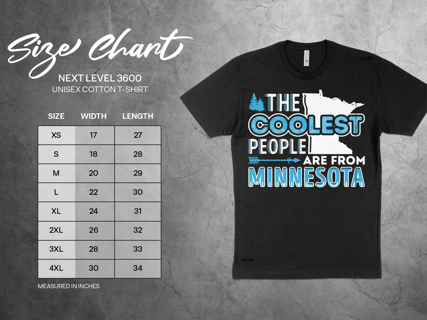 Minnesota T Shirt - The Coolest People Are From Minnesota, sizing chart