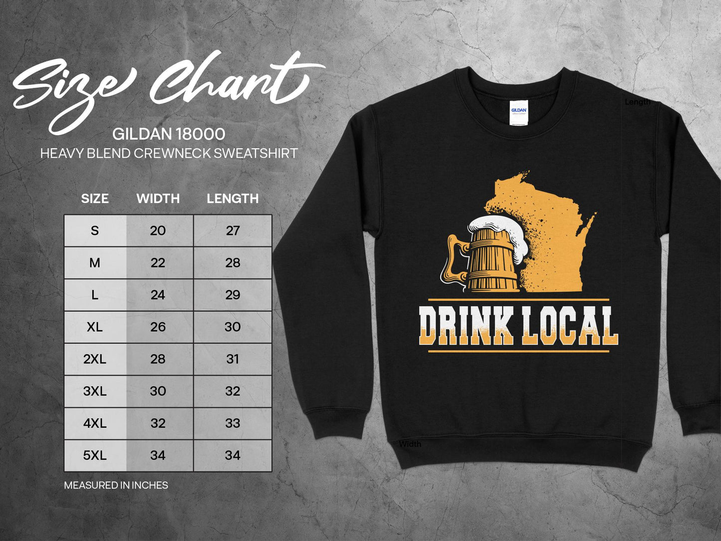 Wisconsin Sweatshirt - Drink Local sizing chart