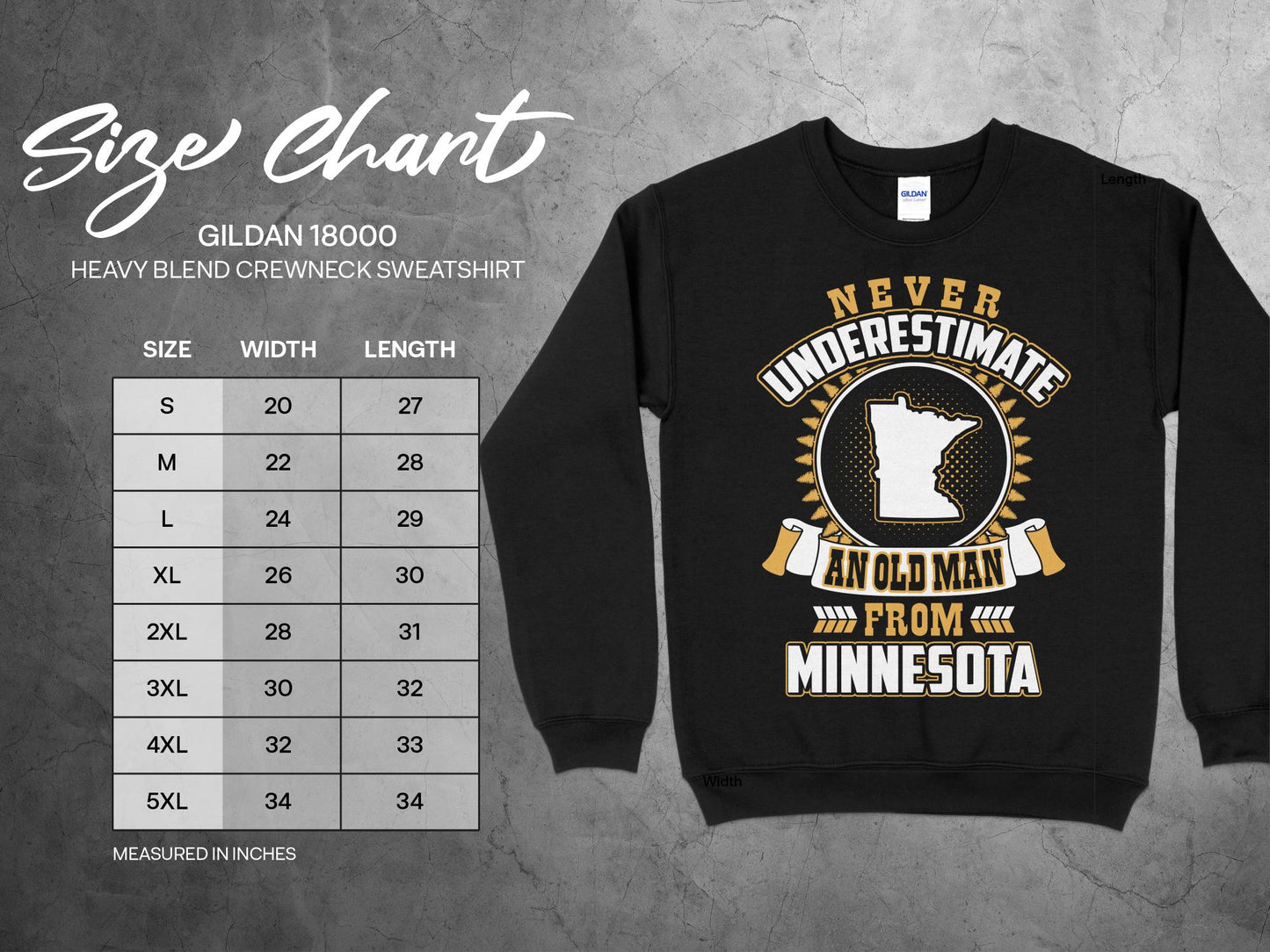 Minnesota Sweatshirt Never Underestimate An Old Man, sizing chart