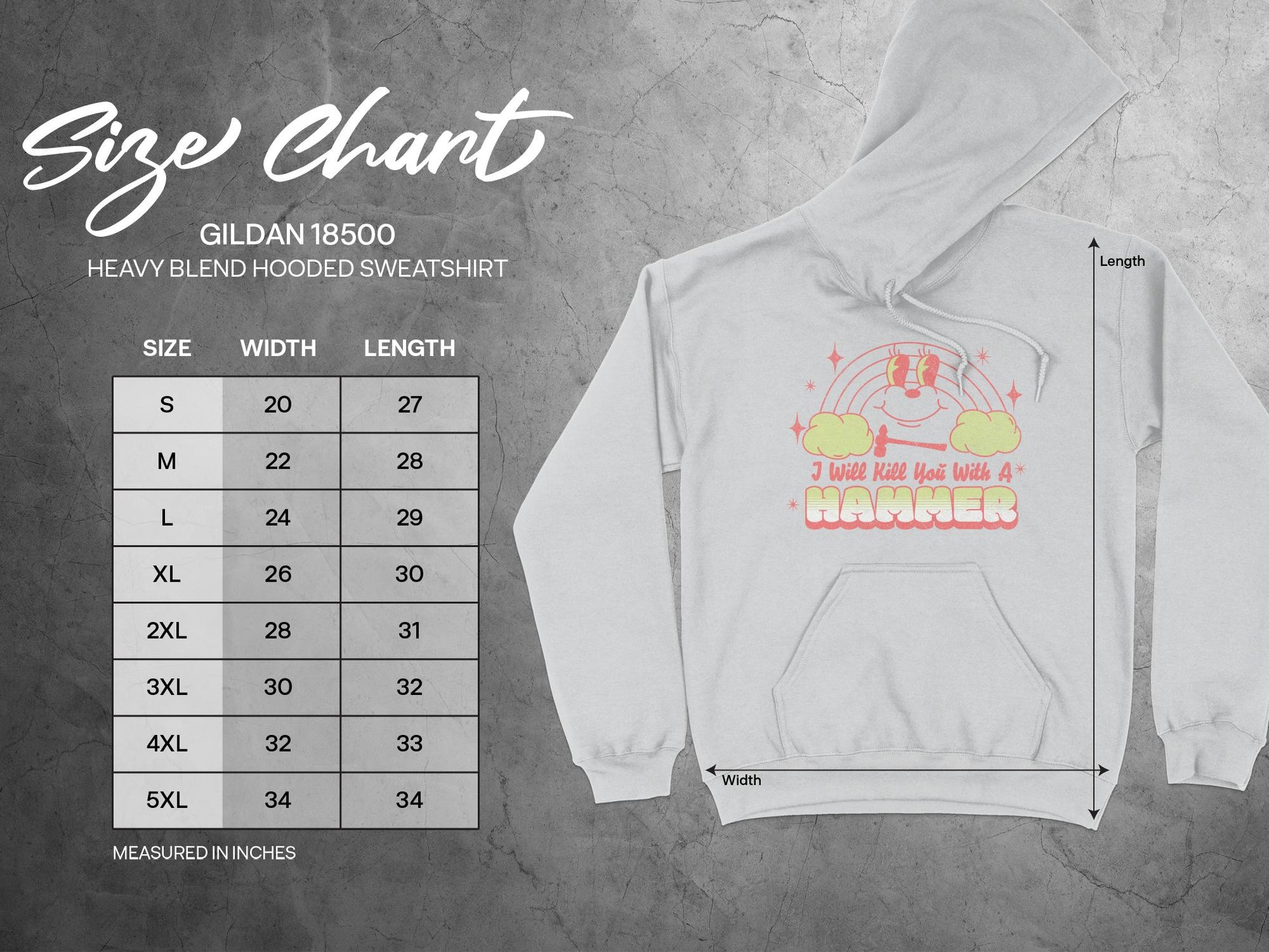 I Will Kill You With a Hammer Hoodie, sizing chart