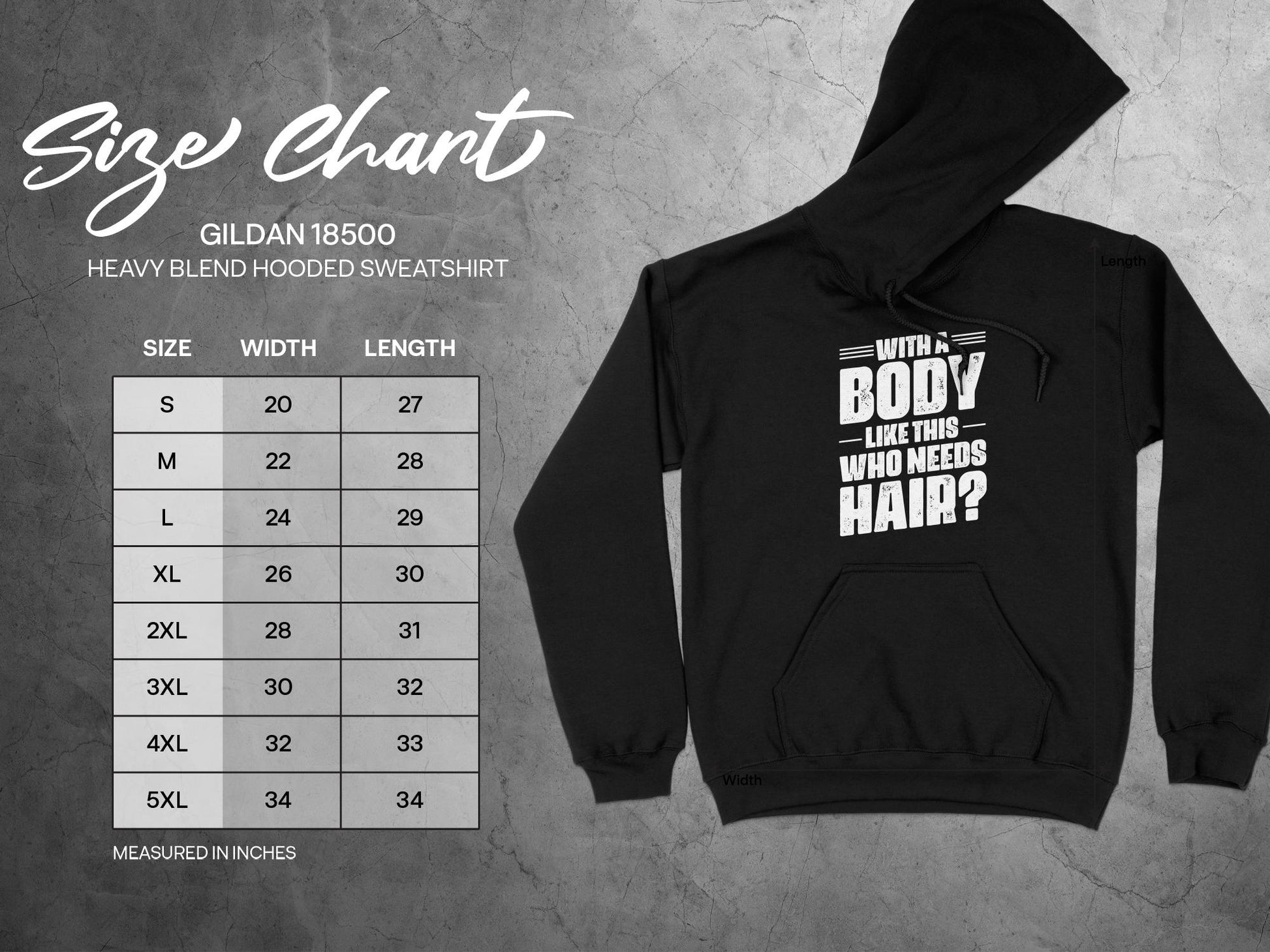 With A Body Like This Who Needs Hair Hoodie, sizing chart