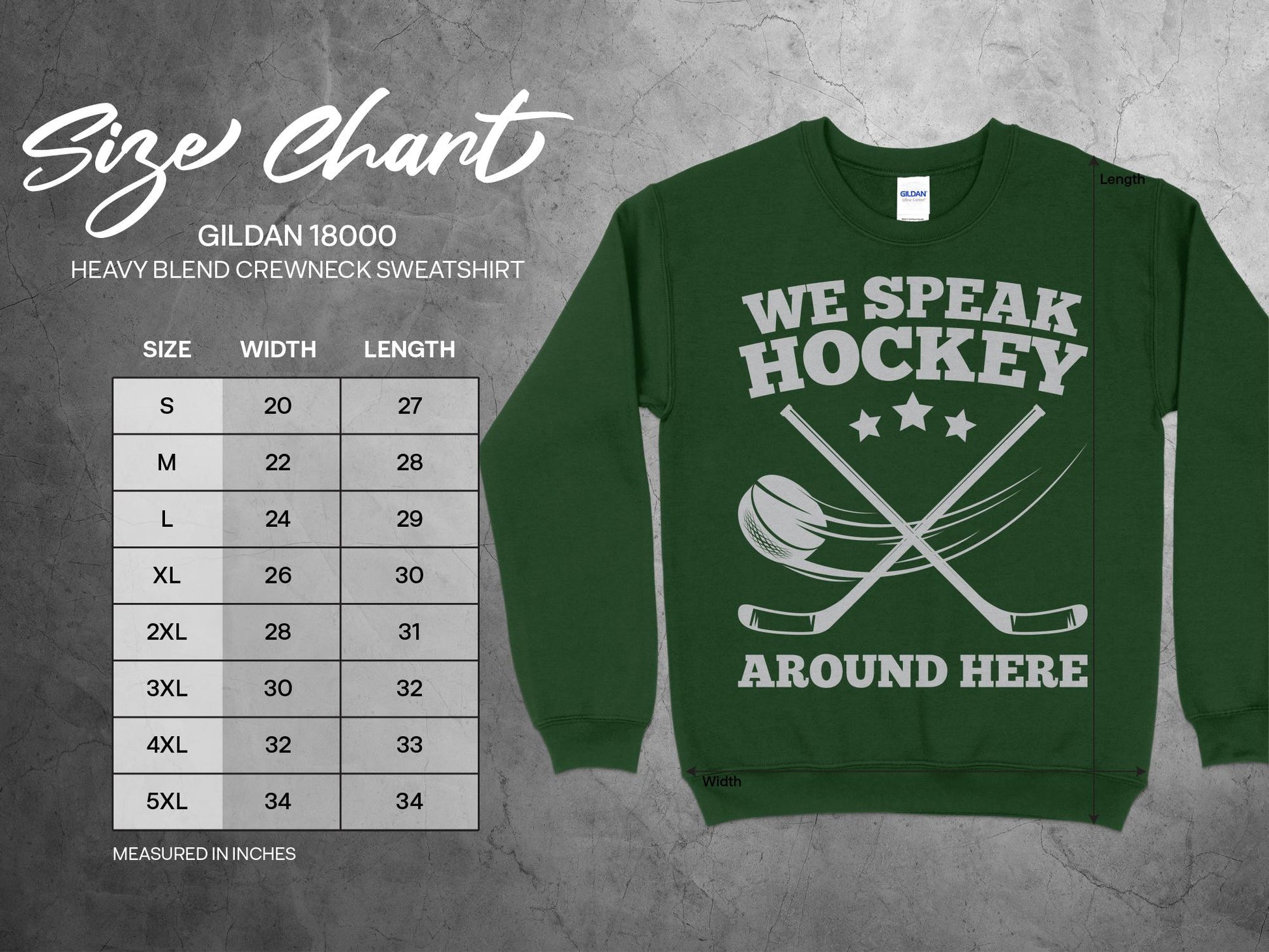 Funny Hockey Sweatshirt - We Speak Hockey Around Here, sizing chart