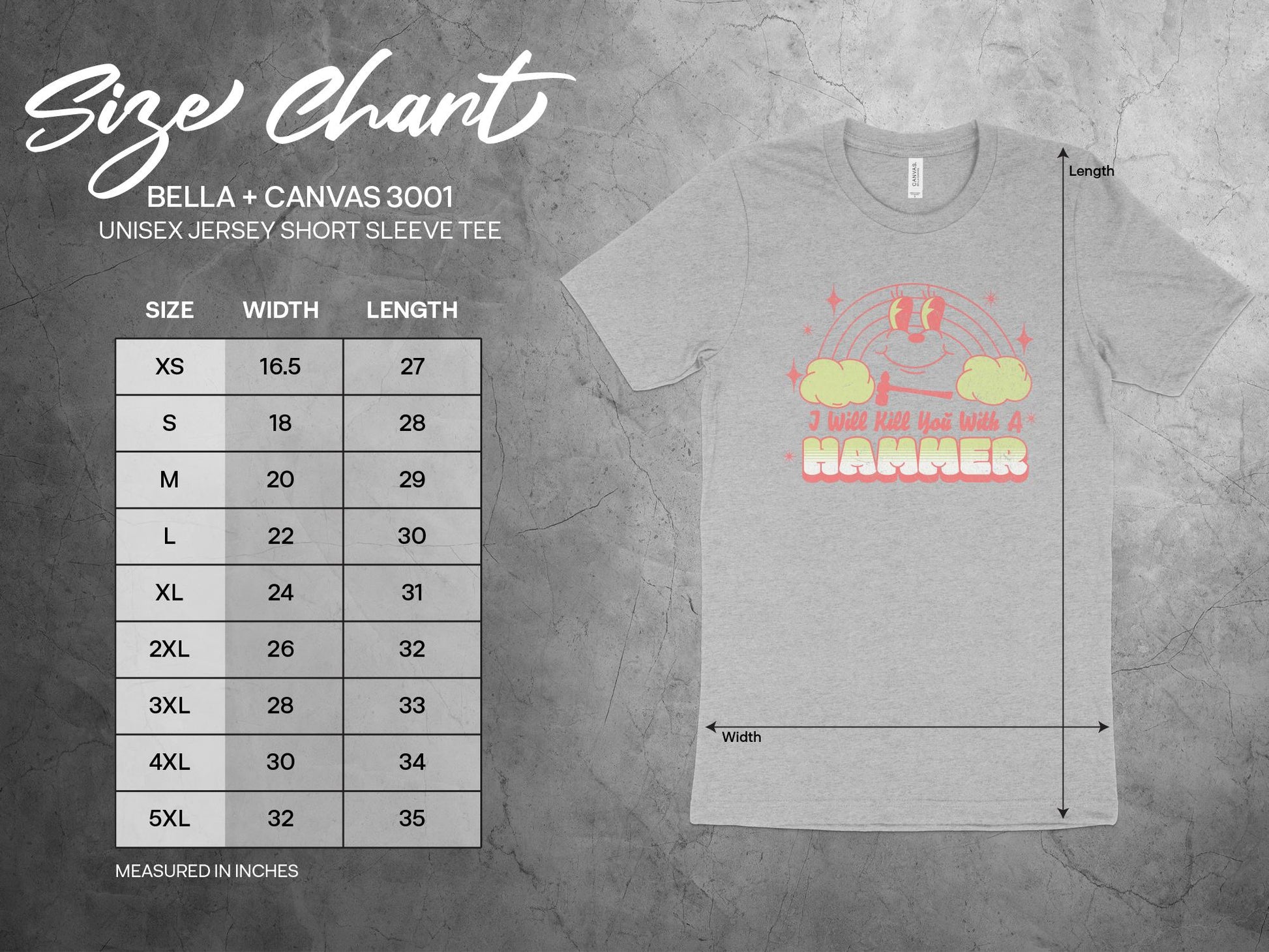 I Will Kill You With a Hammer Shirt, sizing chart