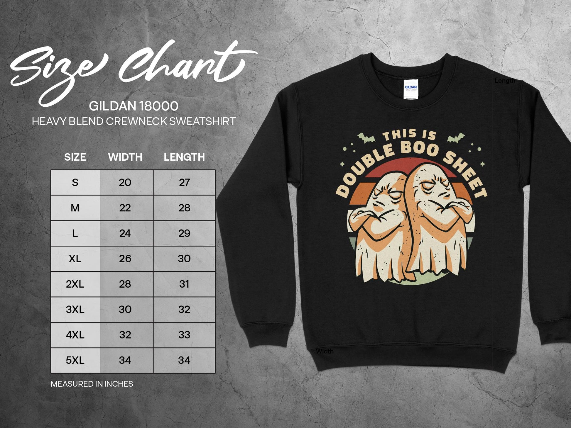 Halloween Ghost Sweatshirt Double Boo Sheet, sizing chart