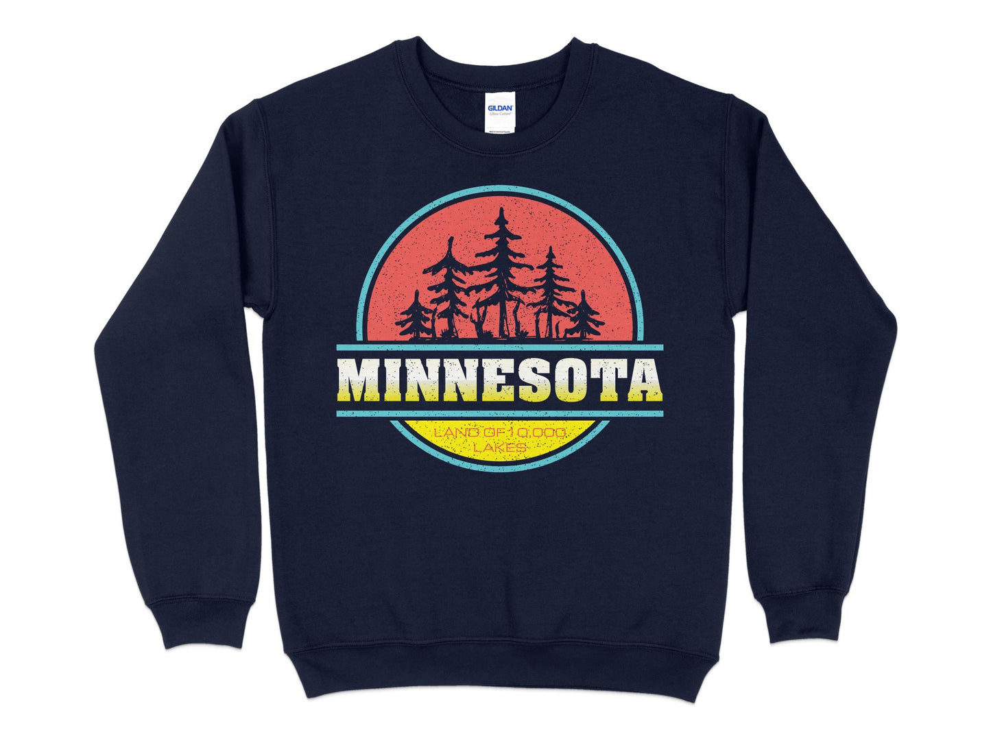Minnesota T Sweatshirt Vintage Pine Tree Sunset, navy blue