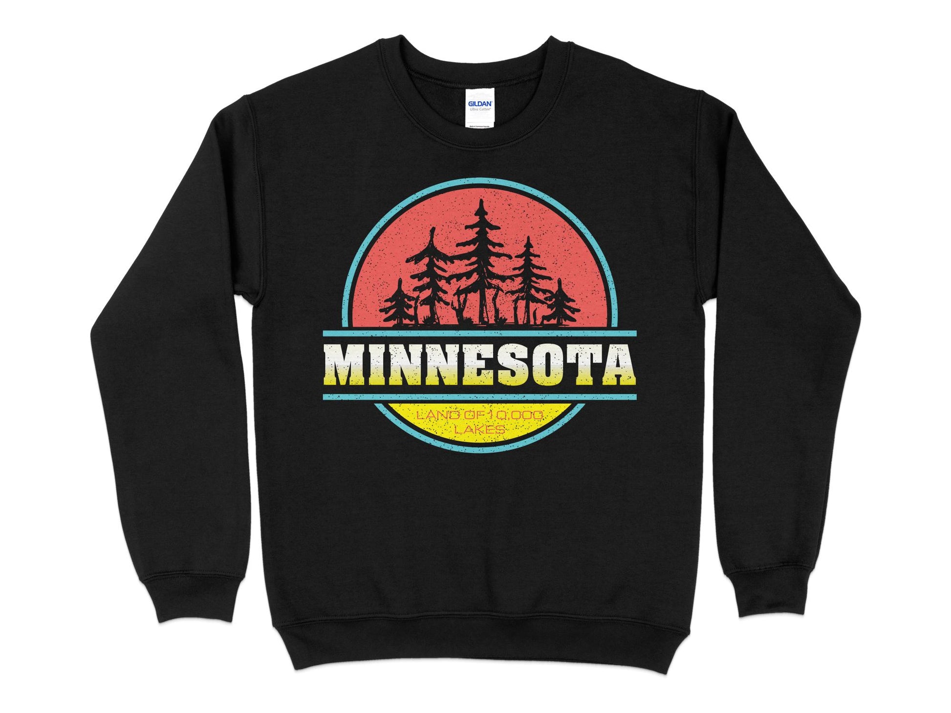 Minnesota T Sweatshirt Vintage Pine Tree Sunset, black