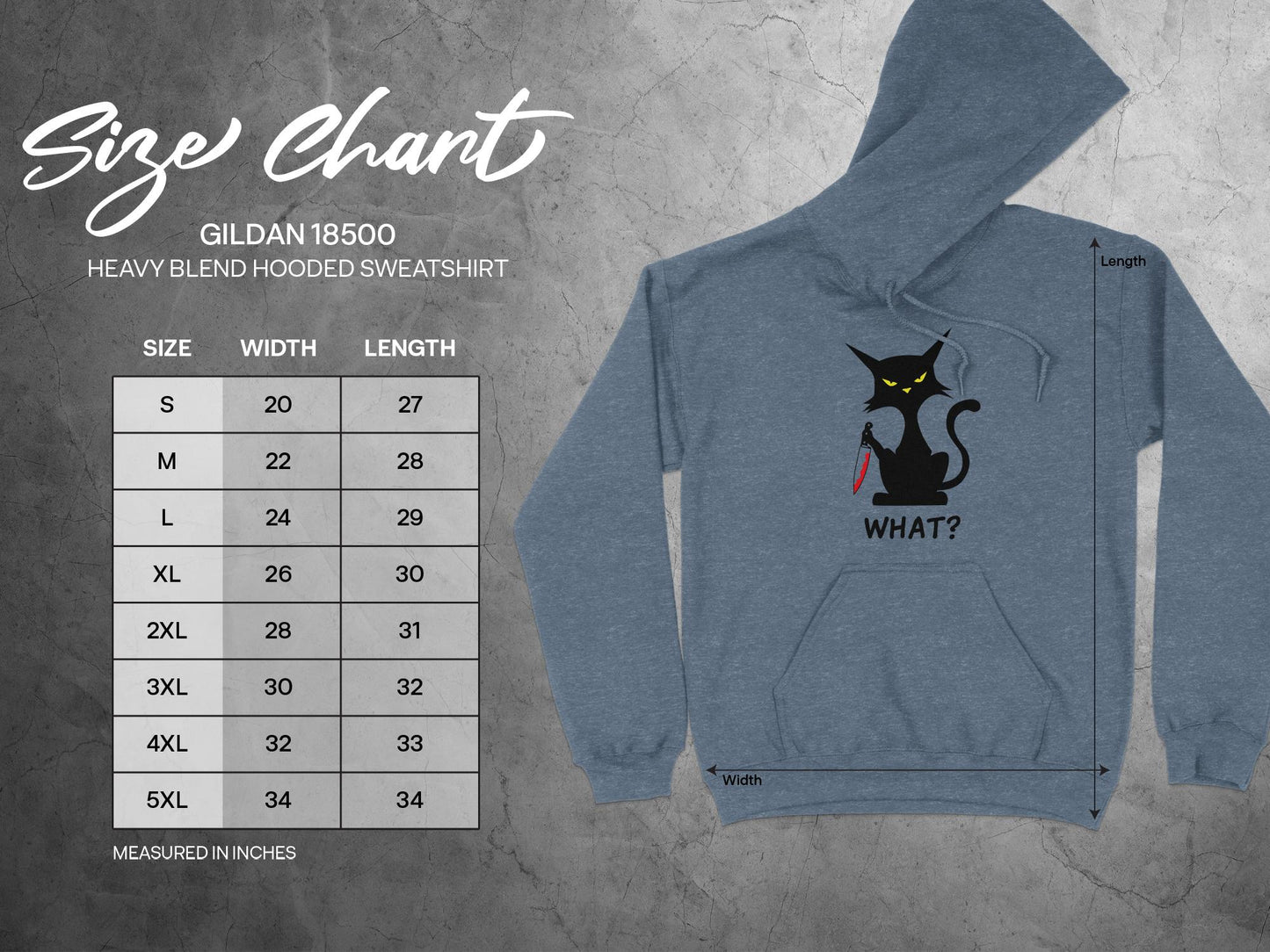Cat With Knife Hoodie, Sizing Chart